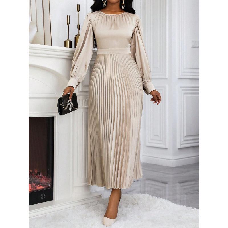 European & American Style Waist-Cinching Solid Color Pleated Dress - Loose Fit, Long-Sleeved, Summer Collection for Women