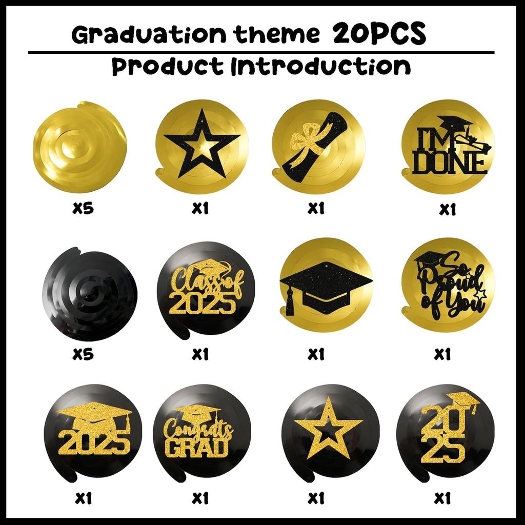 20Pcs Gold Black Graduation Hanging Swirl Decor, Class of 2025 Hanging Decorations, I’m Done, Congrats Grad, 2025 Happy Graduation Party