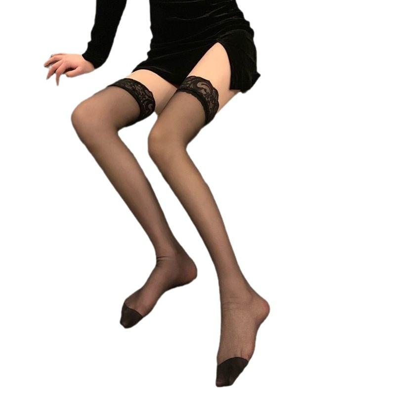 Sexy Sex Temptation Lace Ultra-Thin Stockings Transparent Stockings Oil-Shiny One-Piece Women'S Knee Suspenders Lace