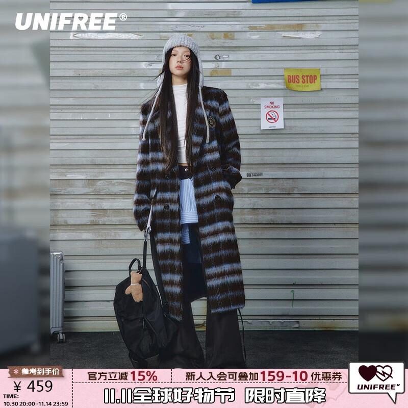 

UNIFREE Women s Plaid Double-Breasted Wool Blend Coat S