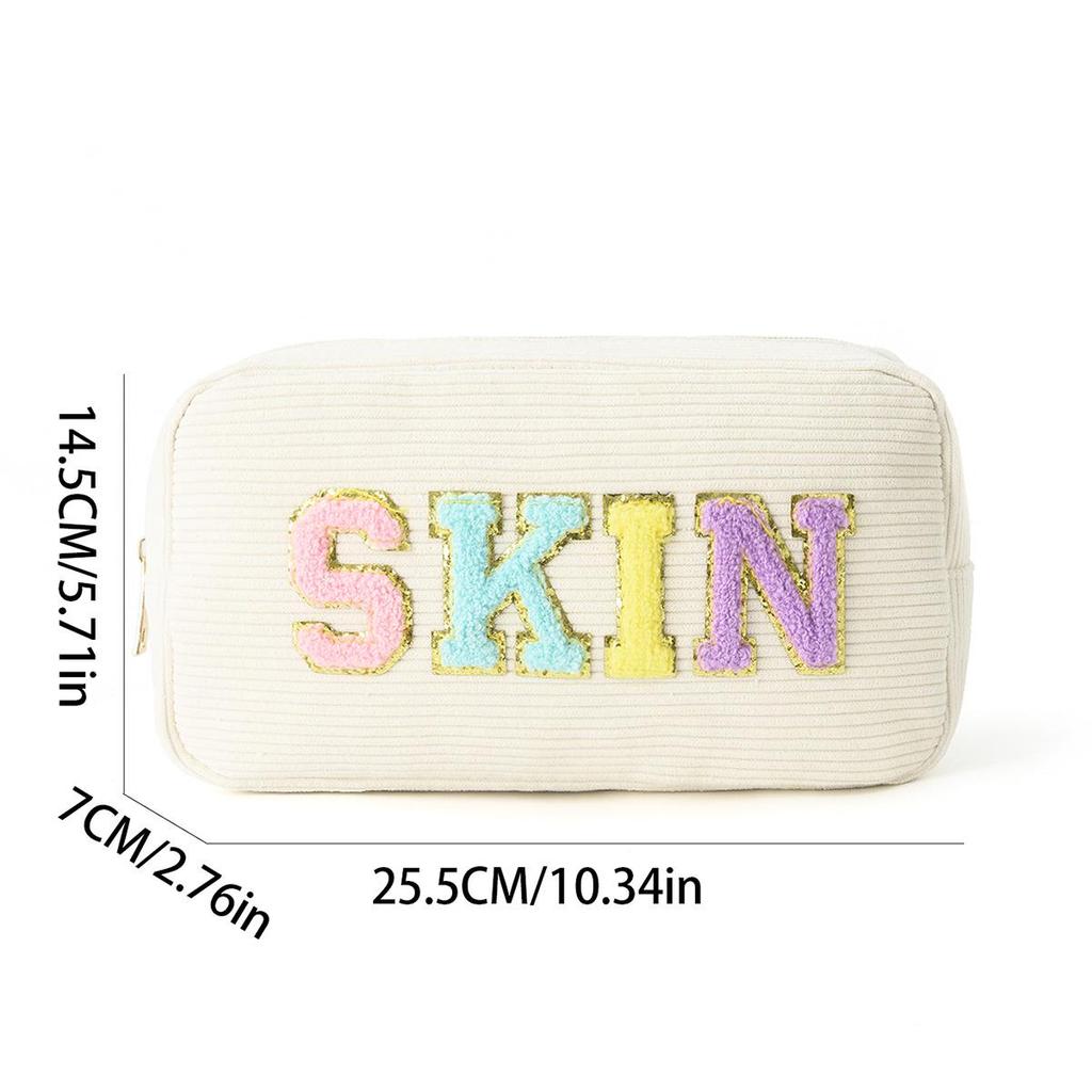 Embroidered Corduroy Letter Toiletry Bag - Large Capacity, Portable Cosmetic Storage
