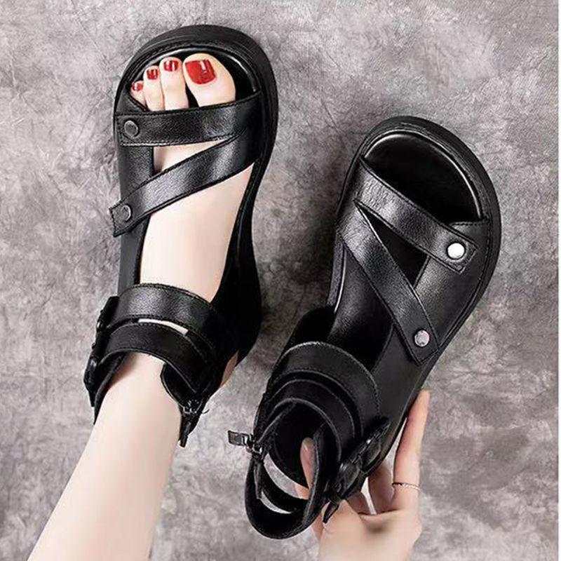 Comemore Women's Sandals Summer Mid Heeled Wedges Shoes for Women Retro Leather Gladiator Sandals Platform Rome Solid Sandalias