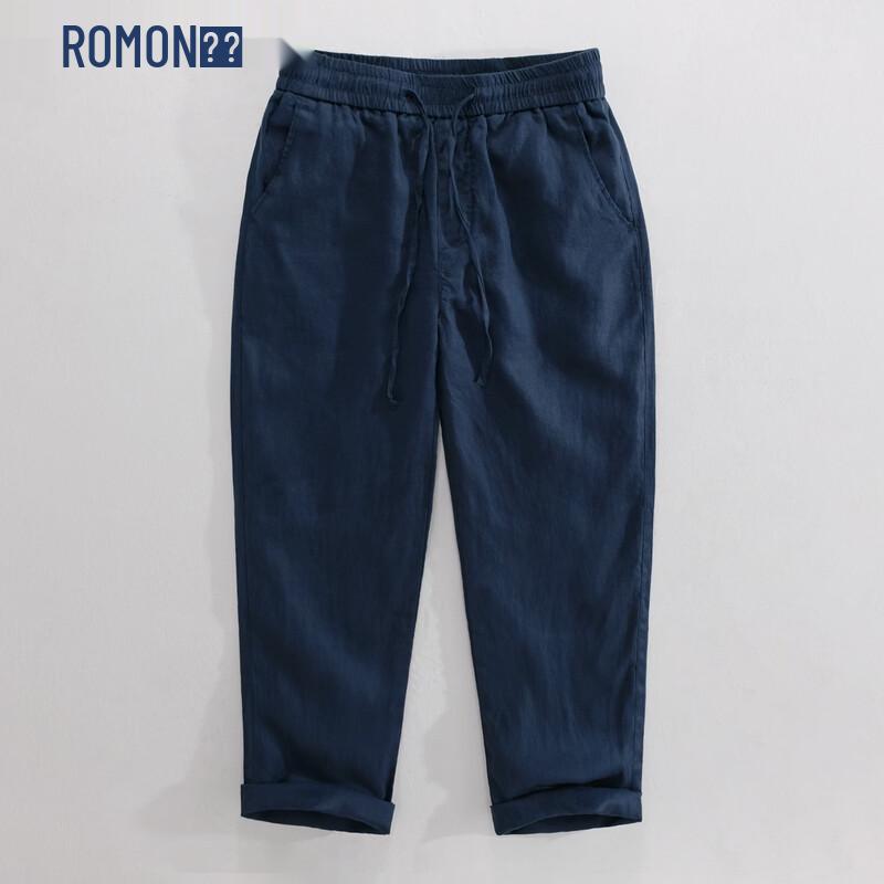ROMON Men s Spring/Summer Pure Linen Drawstring Casual Pants M