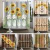 Country Sunflower Theme Waterproof Shower Curtain Wood Texture Barn Door Design Rustic Farmhouse Vintage Style Bathroom Decor