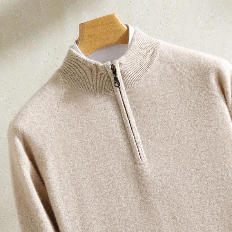 100 Pure Cashmere Sweater Ragged Sleeves Half Zipper Half Turtleneck Knitted Sweater