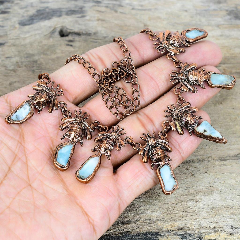 Larimar Rough Necklace Electroformed Copper Necklace Adjustable Chain Necklace Honey Bee Gemstone Jewelry Handmade Necklace Gifts for Mother