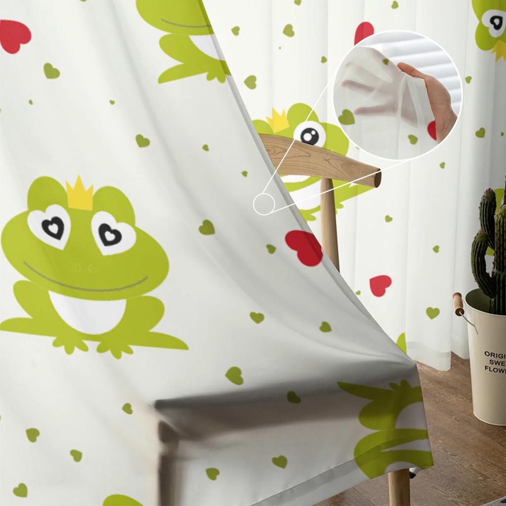 Kawaii Cartoon Frog Curtain Living Room Bedroom Dining Voile Drape Kitchen Window Tulle Curtains Home Essentials Sheer Polyester Ideal For Area