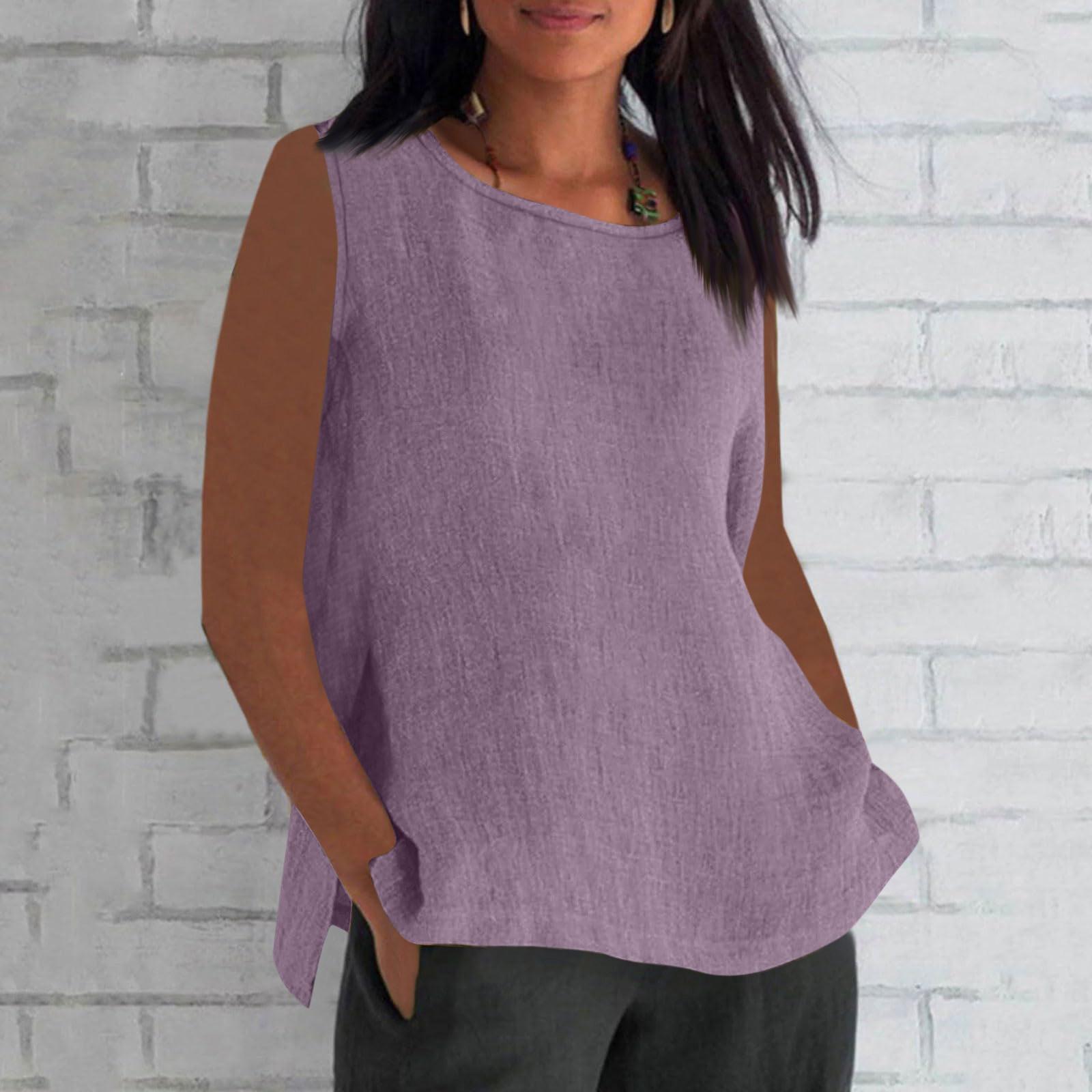 

Летние хлопковые и льняные тонкие дышащие топы для женщин, свободные большие размеры, футболка с короткими рукавами и круглым вырезом, летняя блузка, одежда XXL фиолетовый