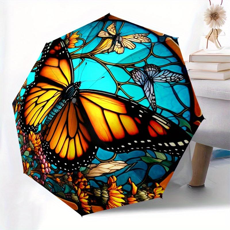 "Monarch Butterfly Stained Glass " Umbrella, Portable 3 Fold Compact Umbrella for Men & Women,S282