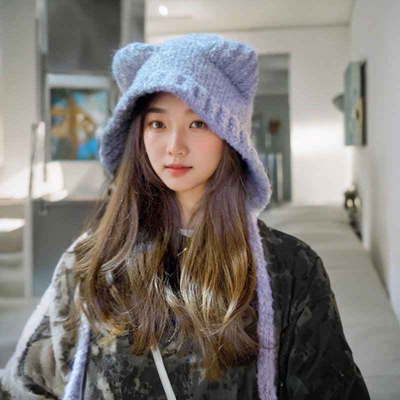 

Женская зимняя шапка-бини с мишкой, шапка, подчеркивающая маленькое лицо, теплая вязаная шапка, защита ушей для большой головы, модная шерстяная шапка One size