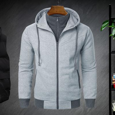 Men Autumn Winter Coat with Hood And Dual Pockets Zipper Closure Drawstring Colorblock