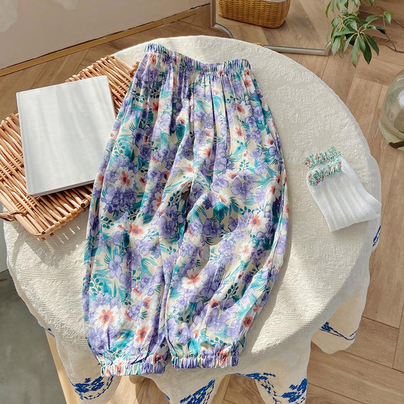 

Шаровары для маленьких девочек, штаны с цветочным принтом, пижамные штаны с защитой от комаров, свободные мягкие брюки, быстросохнущие летние пляжные штаны, От 3 до 9 лет