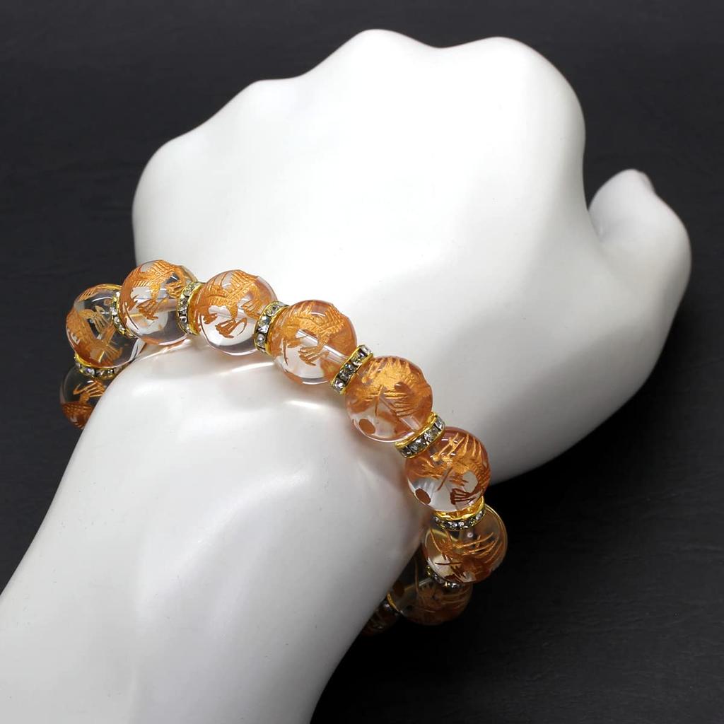 [Seki-Kira] 16mm Gold Rondelle Prayer Beads Bracelet with Gold Carved Five-Prong Emperor Dragon Crystal Power Stone [b337]