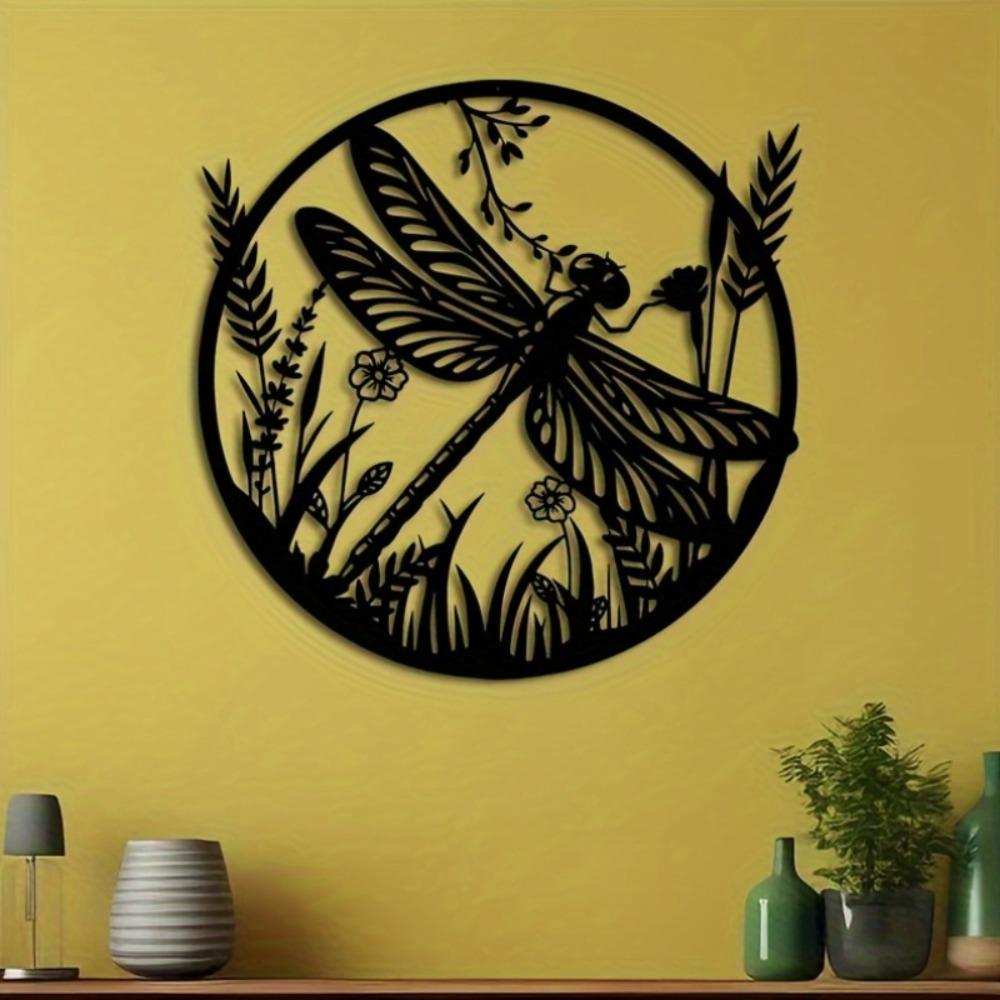 Dragonfly Wildflowers Laser Cut Iron Wall Art, Large Modern Metal Sculpture for Living Room Garden Decor Nature Farmhouse Hanging Ornament