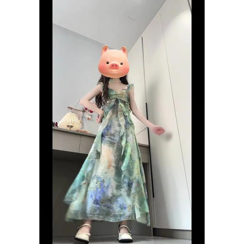 Šaty na šle s rozmazaným olejovým potiskem ve vintage stylu - Dámská letní volánová úzká dlouhá sukně