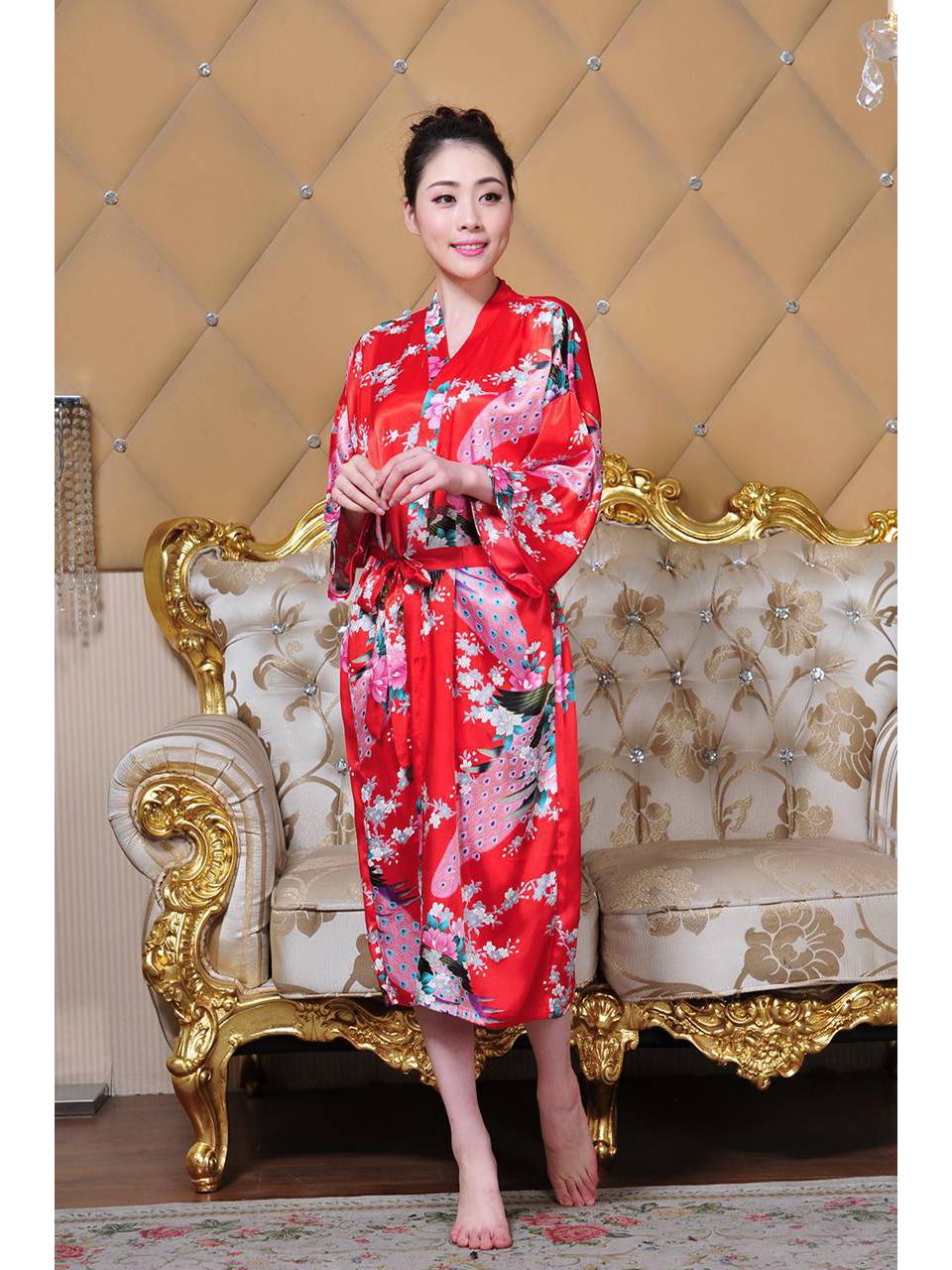 

Women s Summer Peacock Pajamas Bathrobe - Thin Imitation Silk Long Tie Cardigan One Size красный