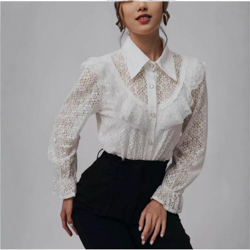 White Elegant Lace Women Shirt See Through Ruffled Fashion Spring Summer Loose Long Sleeve Blouse Female Hollow Out Lapel Fashion Sweet Tops