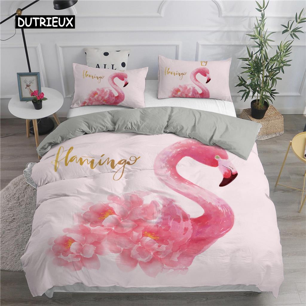 Cartoon Pink Flamingo Bedding Set Girls Kids Teens Cute Duvet Cover Set Single Twin Queen King Size 2/3pcs Polyester Quilt Cover