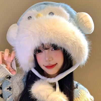 Cute Earphones, Little Penguin Plush Hat, Women's Season Shows a Small Face, Ear Protection Hat, Thickened Warm and Cold-proof Lei Feng Hat