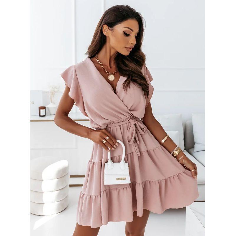 

Sweet Small Summer New Arrival Fashion Style V-neck Lace-up Waist Trimming Ruffles Short Sleeve Dress Short Skirt Dress Pink L