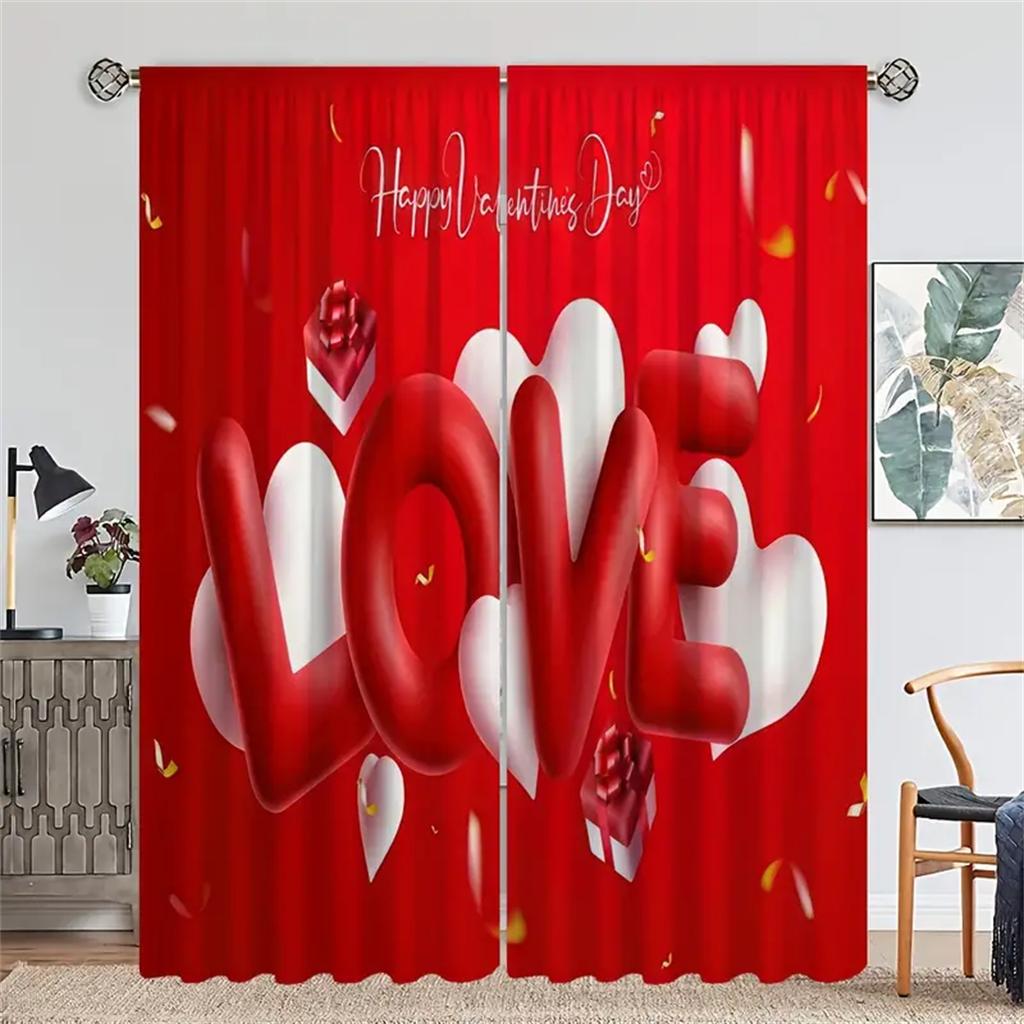 2pcs Love Heart Flower Happy Valentine's Day Window CurtainS for Bedroom Kitchen Living Room Study Window Treatment Home Decor