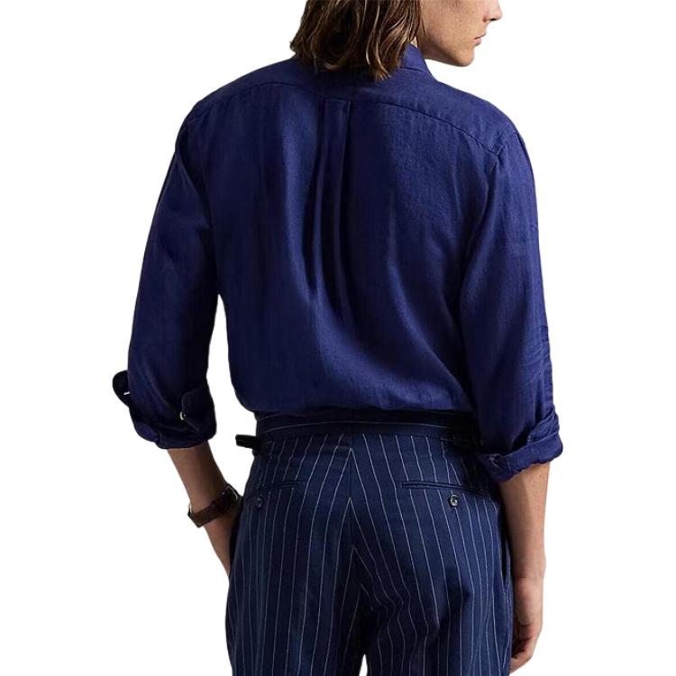 Polo Ralph Lauren Solid Color Long Sleeve Polo Collar Embroidered Single Breasted Shirt Classic Edition Men shirts Navy-Blue 710966292-501