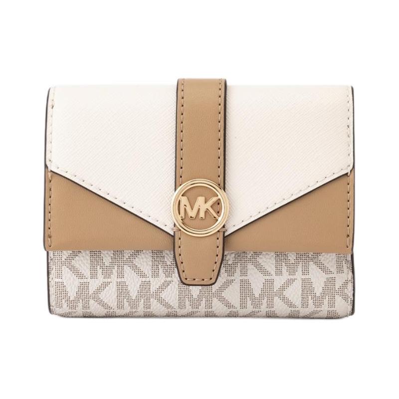 MICHAEL KORS Greenwich logo tri-fold design Coated canvas Wallet Medium Women s Cream white with brown белый