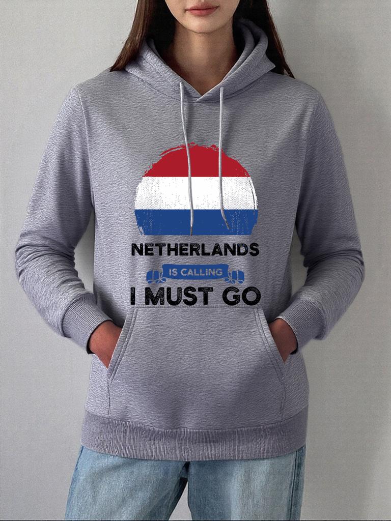 Die Niederlande rufen Ich muss gehen Drucke Hoodie Damen Winter Fleece Warmer Pullover Basics Tasche Sweatshirt Freizeit Locker Kleidung