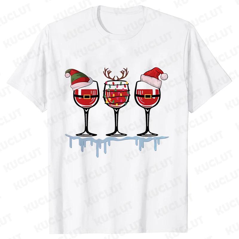 Christmas Wine T Shirts for Women Clothing Funny Cartoon Tshirts Kawaii Fashion Tshirt Korean Female Tops Christmas Wine Tees