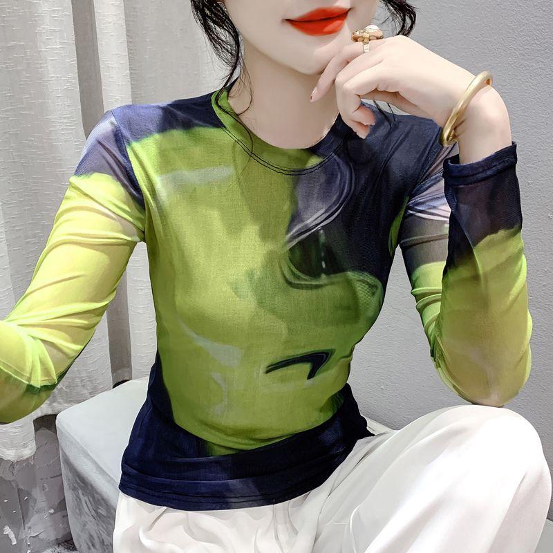 Long-sleeved Women Autumn Clothing Mesh Tops Printed Color Matching T-shirt Fashionable Autumn Clothing Bottoming Shirt