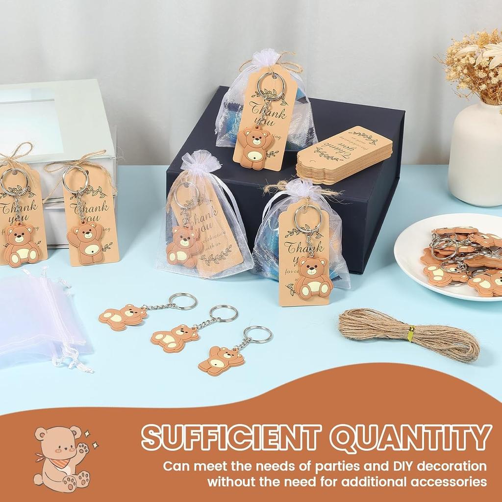 120 Pcs Bear Baby Shower Favor Bear Party Favor Cute Keychain with Organza Bag, Thank You Paper Tag and Rope for Guest Girl Boy Birthday Party Supply