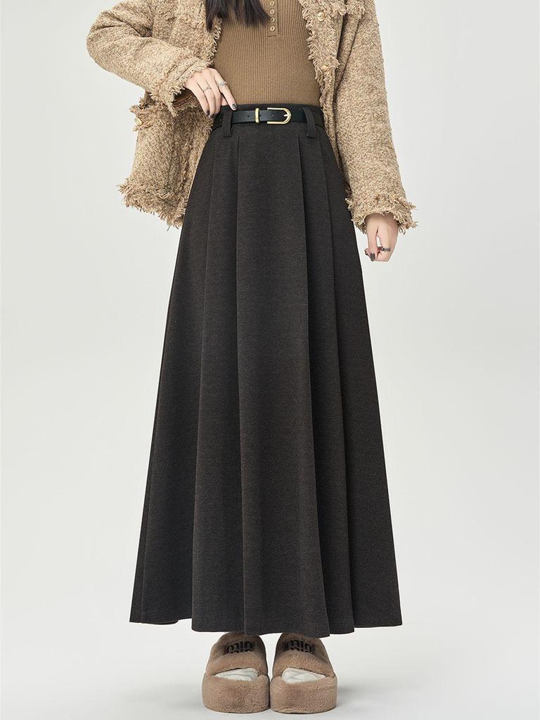 Women's High-Waist Wool Pleated A-Line Skirt - Autumn/Winter Mid-Length Swing Skirt