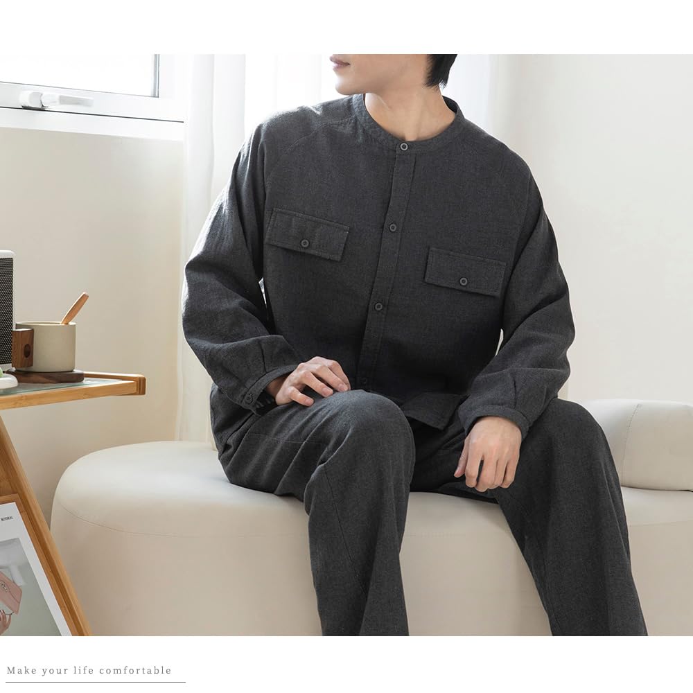 Yes Family Double Gauze Pajama Long Front Size Dark Gray Men's Set, Yarn-Dyed Gauze, 100% Cotton, Sleeves, Opening, Loungewear, XL,