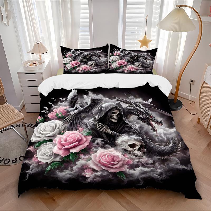 3pcs Death Roses Quilt Cover Set (1 Quilt Cover + 2 Pillowcases Without Pillow Core), High-Definition Printing for Home and Dormitory.W031