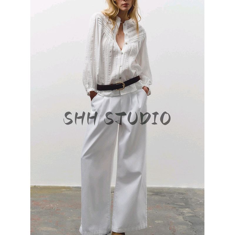 Spring New Women clothes Frill Decorative round Neck Long sleeve Vertical Lace Romantic Style Shirts 8372044