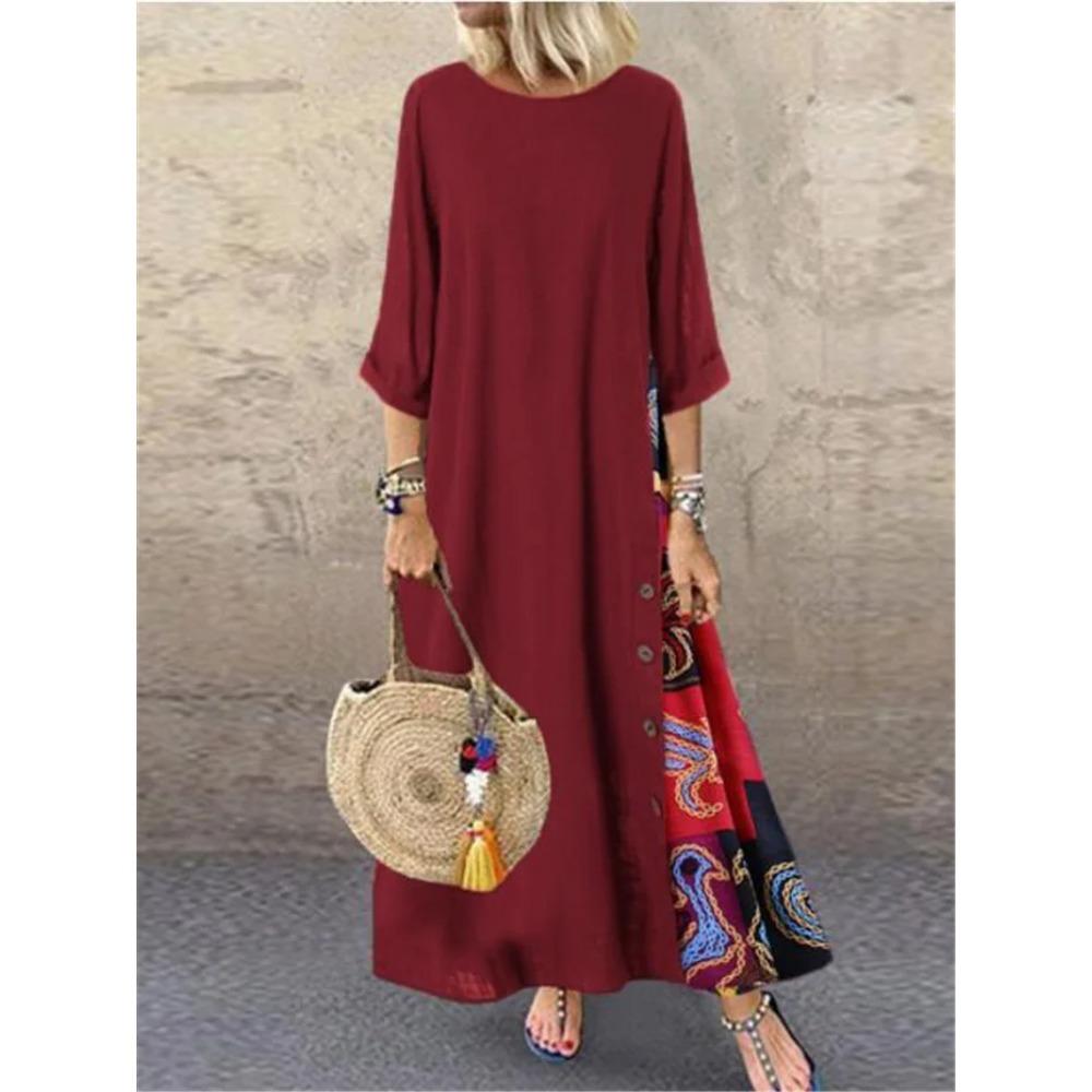 Women's Maxi Dress Round Neck 3/4 Sleeves Long Dress Casual Patchwork Floral Print A-line Dress