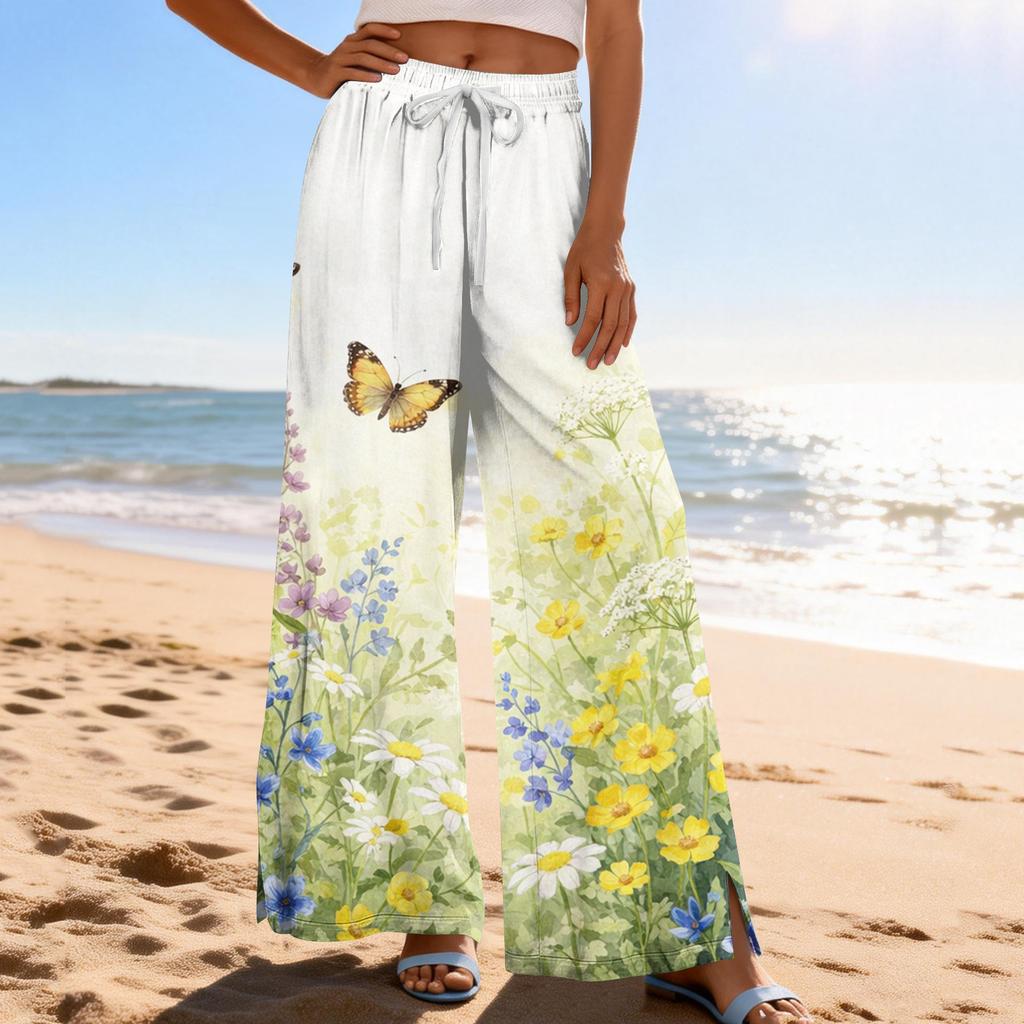 Women Summer Boho Palazzo Pants High Waist Wide Leg Printing Casual Trousers With Pockets