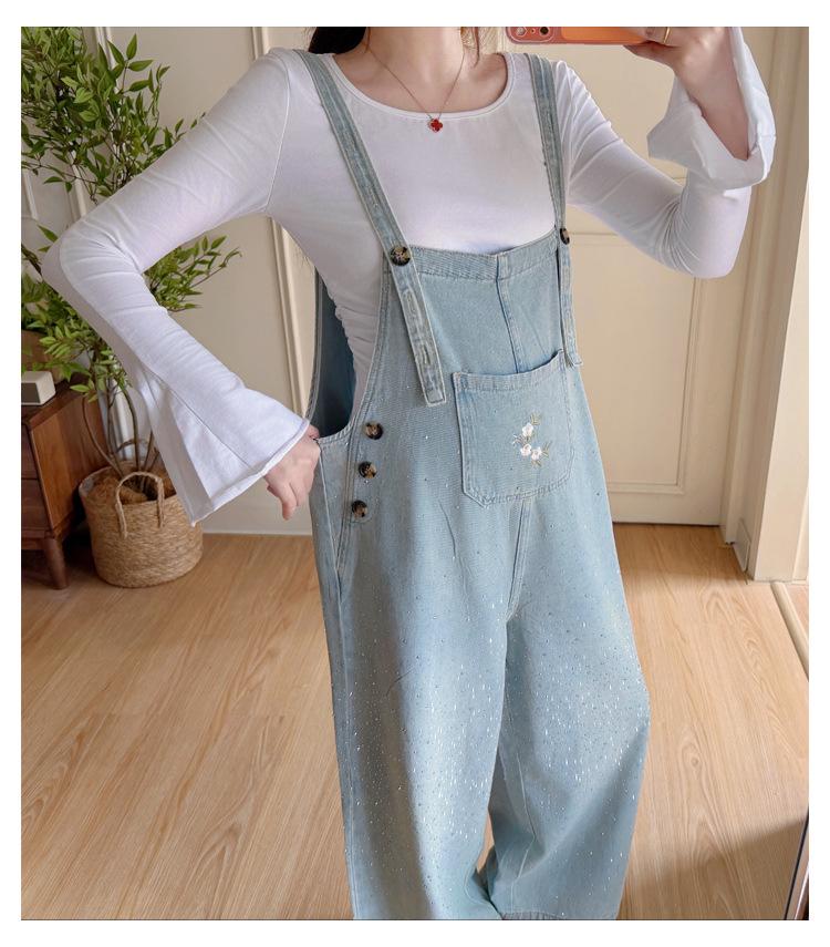 2026 Chic Rhinestone Wide-Leg Maternity Denim Overalls & Flare Sleeve Set