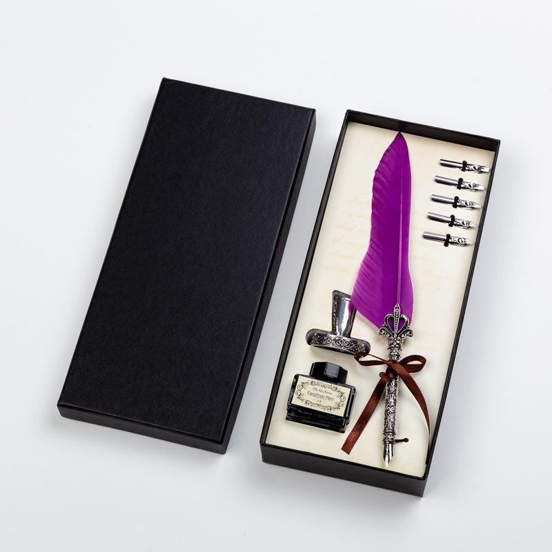 Goose Feather Pen Set with Carved Base and Stainless Steel Nibs - Unique Gift