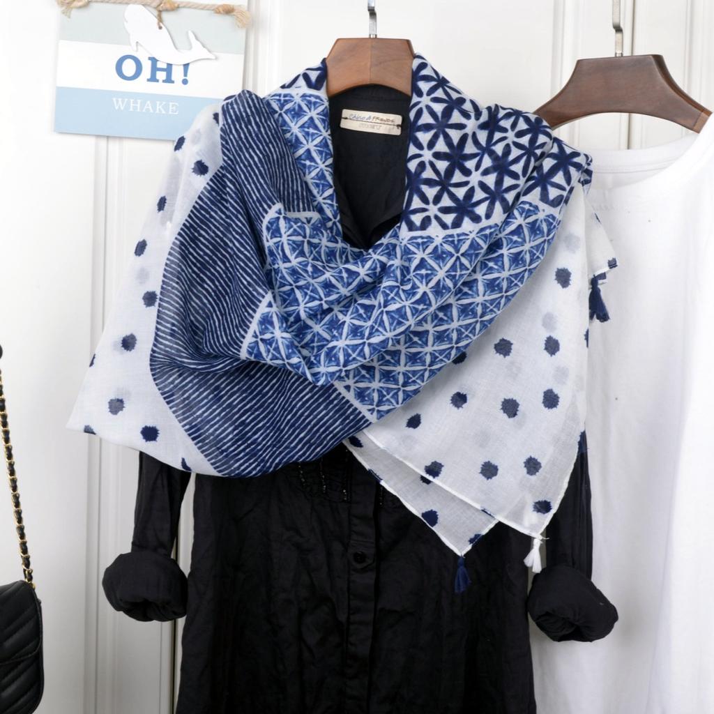 Ethnic Style Blue and White Porcelain Cotton and Linen Scarf, Women's Artistic Shawl, Travel Sunscreen Scarf, Office Shawl