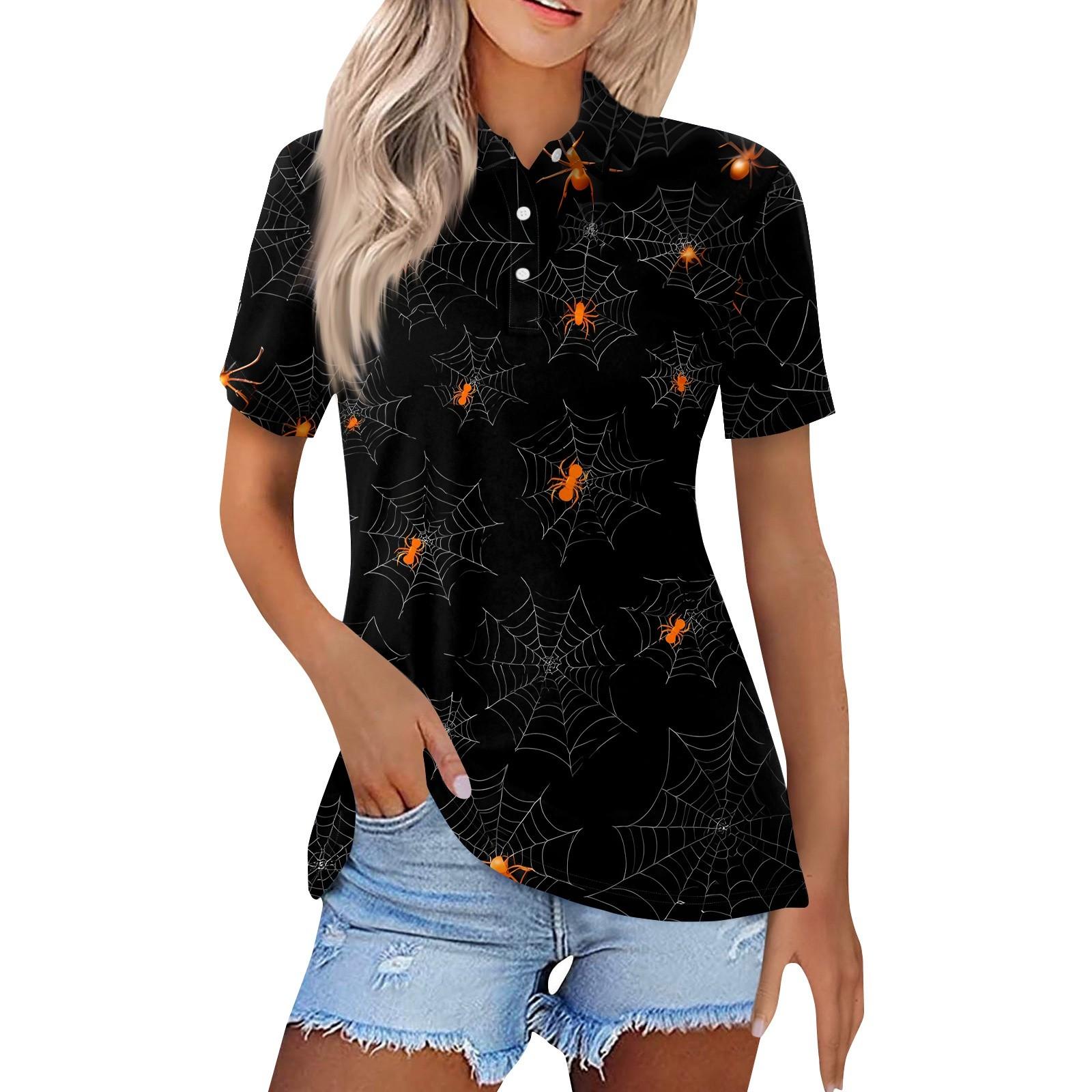 

Женская модная повседневная рубашка с лацканами и короткими рукавами с принтом на Хэллоуин, женские топы на пуговицах XL чёрный