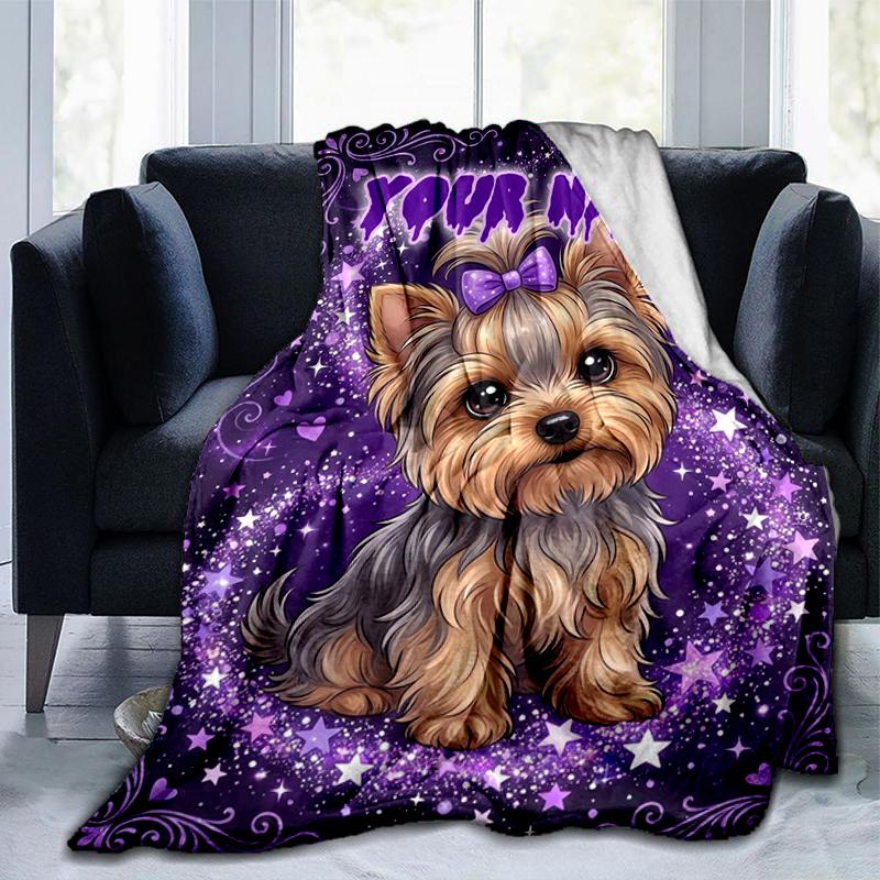 1PC Custom Name Purple Starry Yorkie flannel blanket versatile,all-season throw suitable for the living room,bedroom,camping,travel,and gift