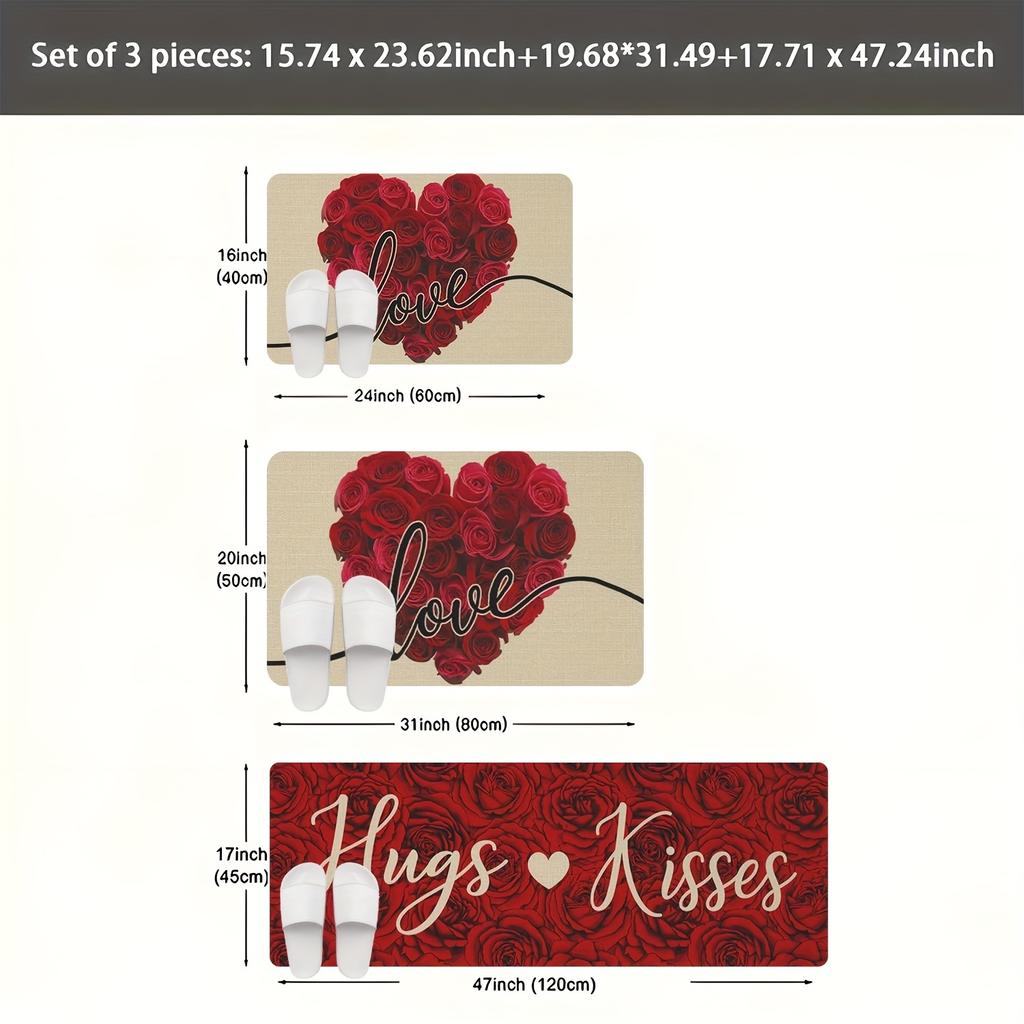 VIKAMA Valentine's Day Floral Heart Kitchen Rug Soft and Comfortable Bedroom and Hallway Rug Entrance Doormat Home Decor