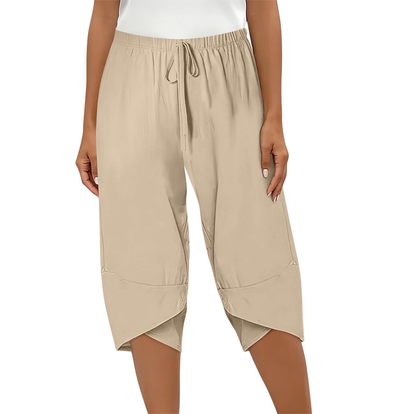 

Women Elastic High Waist 3/4 Pant Casual Fit Wide Capris Leg Pants Trousers With Pockets L