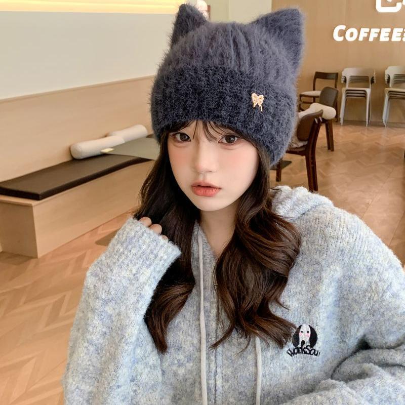 Cute Cat Ears Wool Hat Women's Autumn and Winter New Thick Warmth Outdoor Cold Proof Versatile Knitted Hat