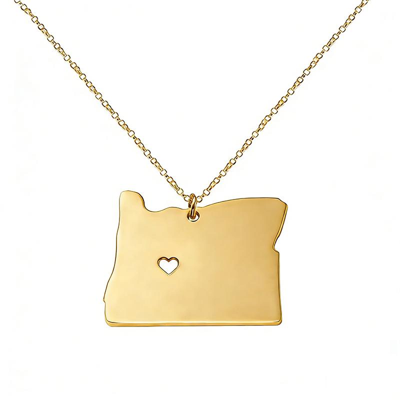 Stainless Steel Hollow Heart Oregon Map Necklace For Women Men America State Map Pendants Necklaces Jewelry золотой