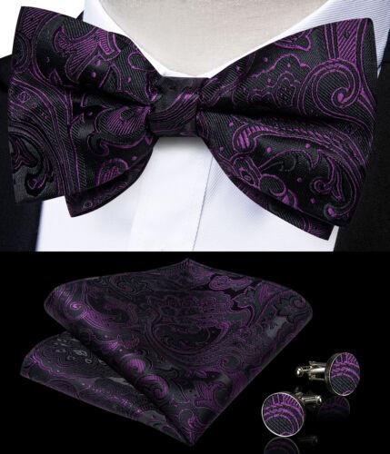 Conjunto de abotoaduras masculinas de seda azul ajustável com gravata borboleta Paisley floral Hanky