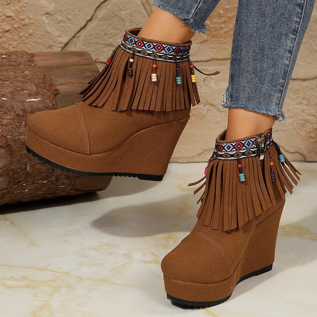 2024 Autumn New Color Beaded Fringe Boots Short Wedge Heels Fashion Casual Women's Boots Big Size 36-42
