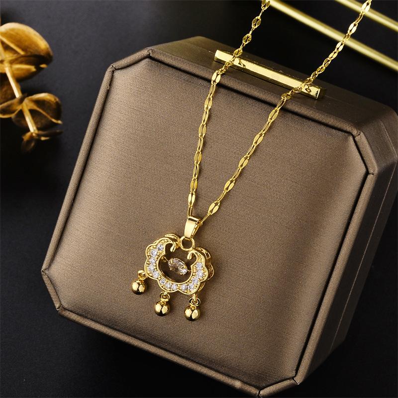 Elegant Longevity Lock Bell Amulet Titanium Steel Necklace for Women, Gold-Plated, Anti-Fade Clavicle Chain, Bestseller