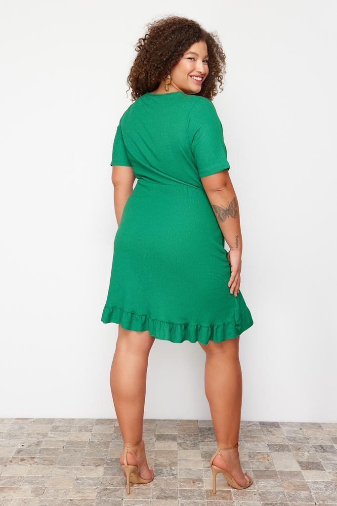 Women's Fashion New Plus Big Size Dress Green Double Breasted Flounce Knitted Dress Double Breasted Flounced Mini Knitted Dress